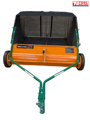 Front view of an orange and green towable lawn sweeper with a black mesh collection bag, drawbar, two tyres and Tool Nation logo.