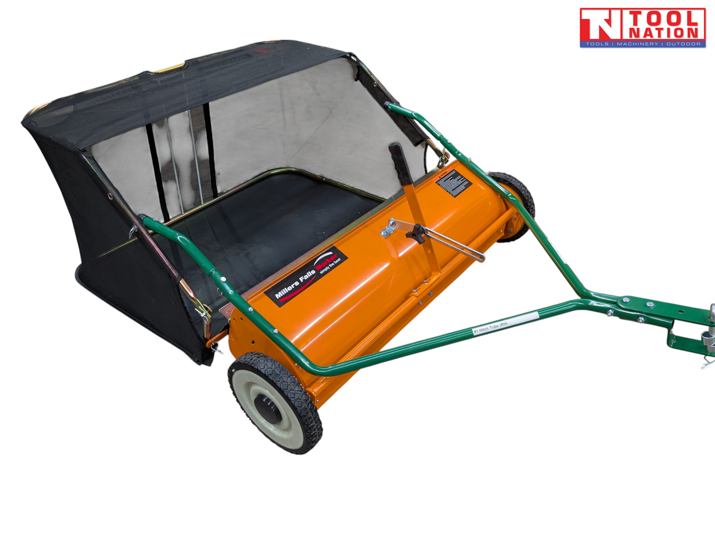 Orange and green towable lawn sweeper shown from above with a black mesh collection bag, drawbar, two tyres and Tool Nation logo.