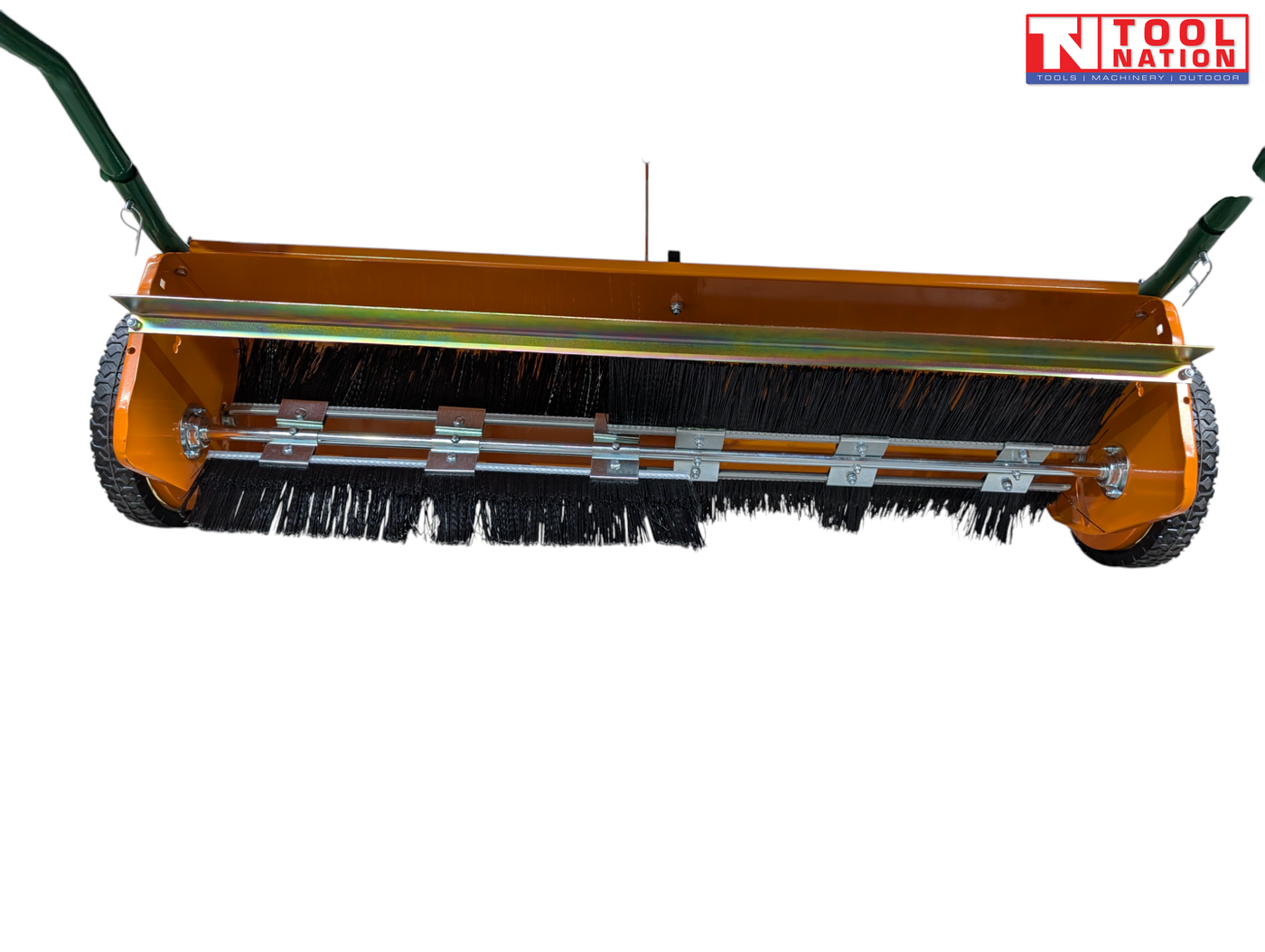 Underside view of an orange lawn sweeper showing black brush bristles, metal rods, brackets and two tyres.