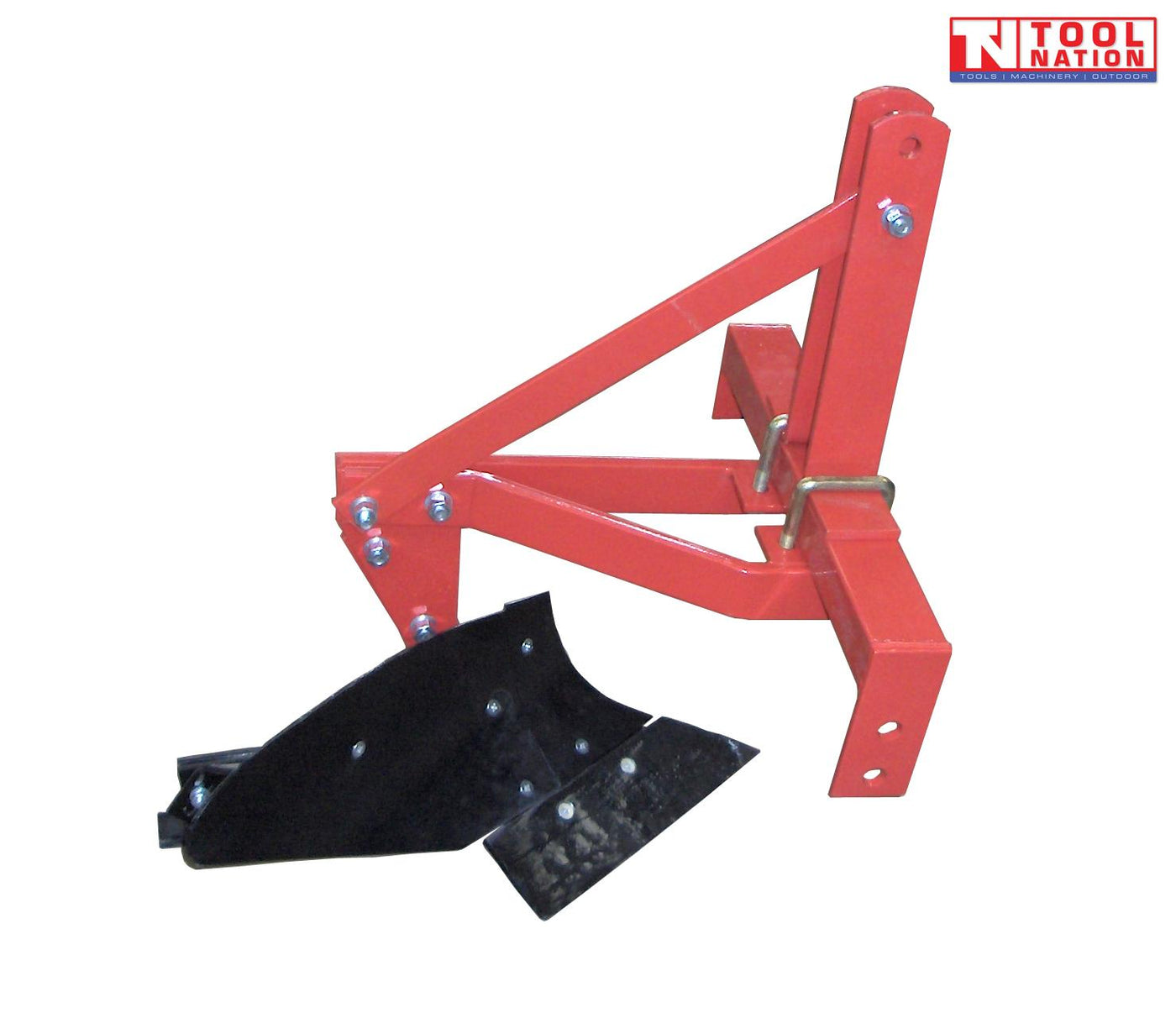 Red and black plough attachment with triangular mounting frame, bolts, pins, and a logo in the top right corner.