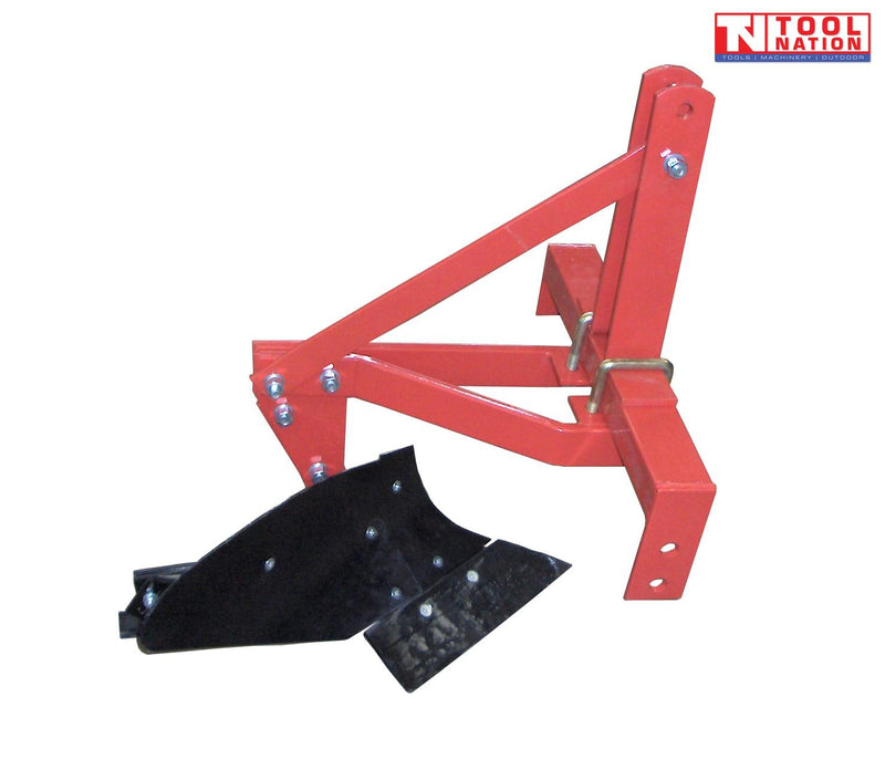 Red and black plough attachment with triangular mounting frame, bolts, pins, and a logo in the top right corner.