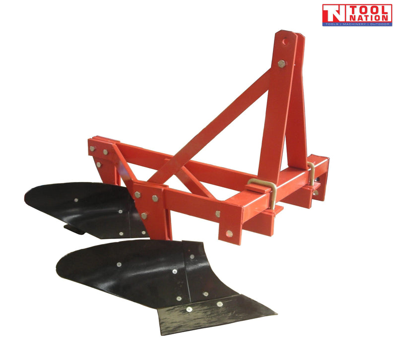 Red and black double plough attachment with triangular mounting frame, bolts, pins, and a logo in the top right corner.