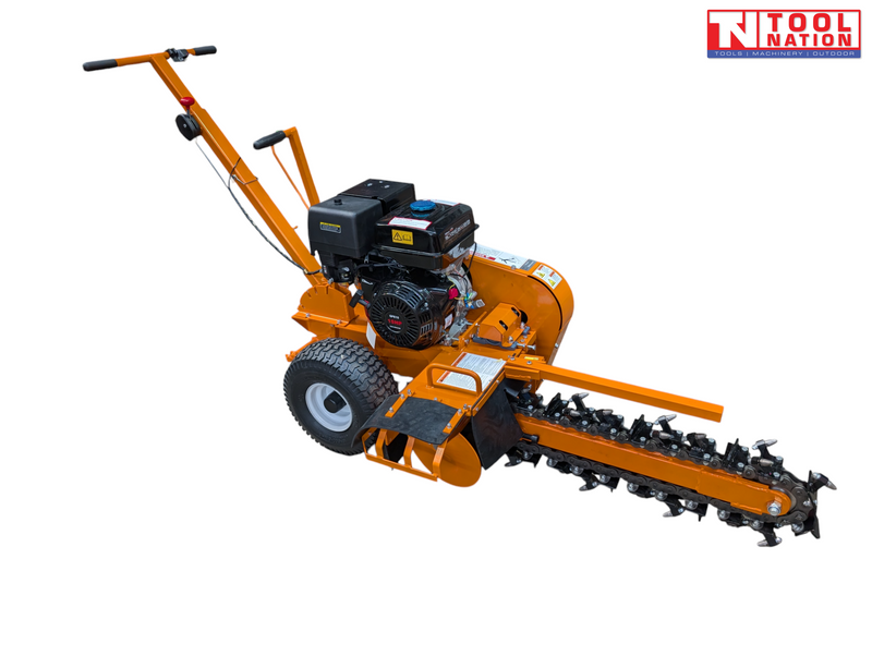 Orange walk-behind trencher shown from above with a black engine, long handlebar, two tyres and digging chain.