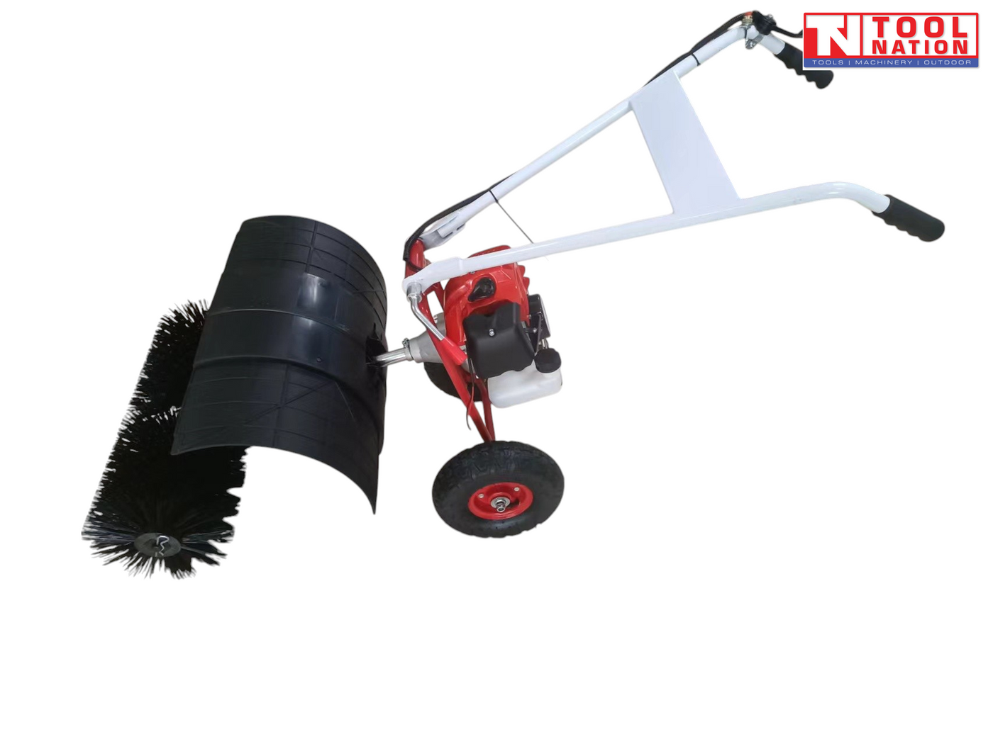 Red and white walk-behind power broom shown from the side with black brush bristles, black curved guard, two tyres, handles and Tool Nation logo.