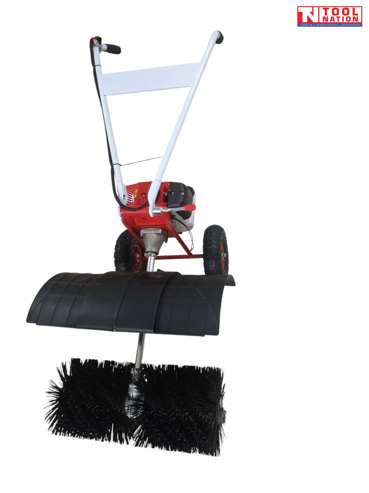 Front view of a red and white walk-behind power broom with black brush bristles, black curved guard, two tyres, handles and Tool Nation logo.