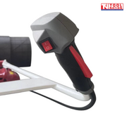 Close-up of a black and grey handle grip with a red switch and red trigger on a white frame.