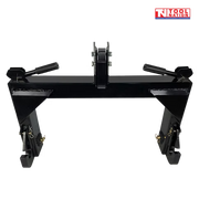 Black quick hitch attachment with top hook, side hooks, spring handles, pins, and a logo in the top right corner.