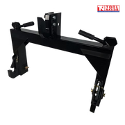 Angled view of a black quick hitch attachment with top hook, side hooks, spring handles, pins, and a logo in the top right corner.