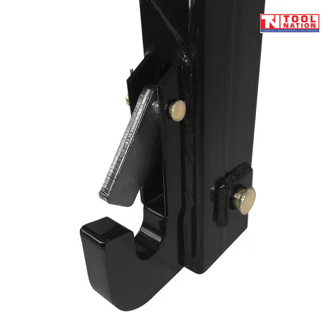 Close-up of a black side hook, latch plate, pins, and bolts on a quick hitch attachment, with a logo in the top right corner.