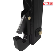 Close-up of a black side hook, latch plate, pins, and bolts on a quick hitch attachment, with a logo in the top right corner.