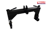Black quick hitch attachment with top hook brackets, side hooks, spring handles, pins, and a logo in the top right corner.