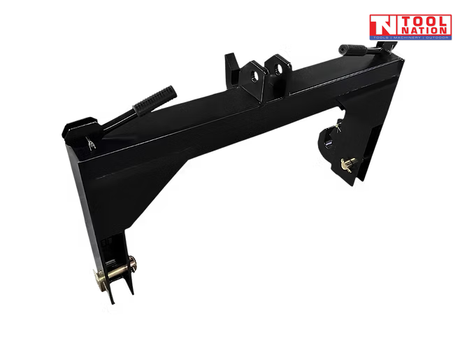 Angled view of a black quick hitch attachment with top hook brackets, side hooks, spring handles, pins, and a logo in the top right corner.