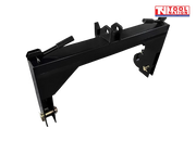 Angled view of a black quick hitch attachment with top hook brackets, side hooks, spring handles, pins, and a logo in the top right corner.
