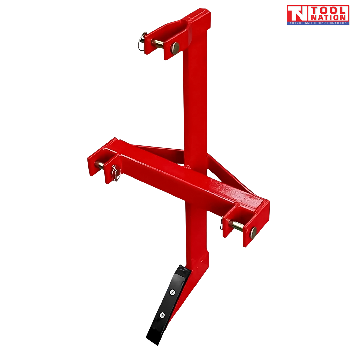 Red single tyne ripper attachment with black pointed tooth, mounting pins, clips, and a logo in the top right corner.