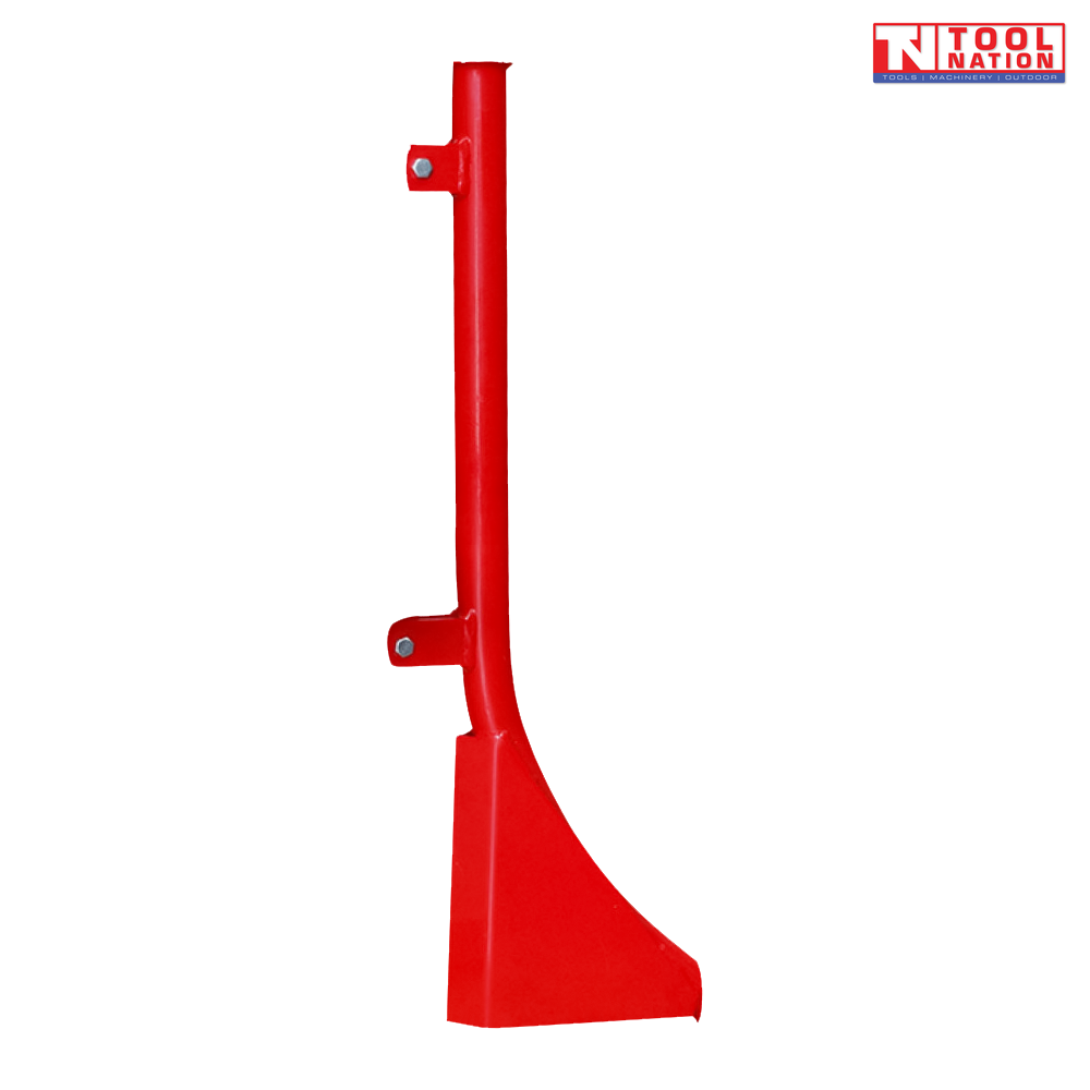 Red pipelaying attachment with upright tube, two side mounting tabs, visible bolts, curved lower plate, and a logo in the top right corner.