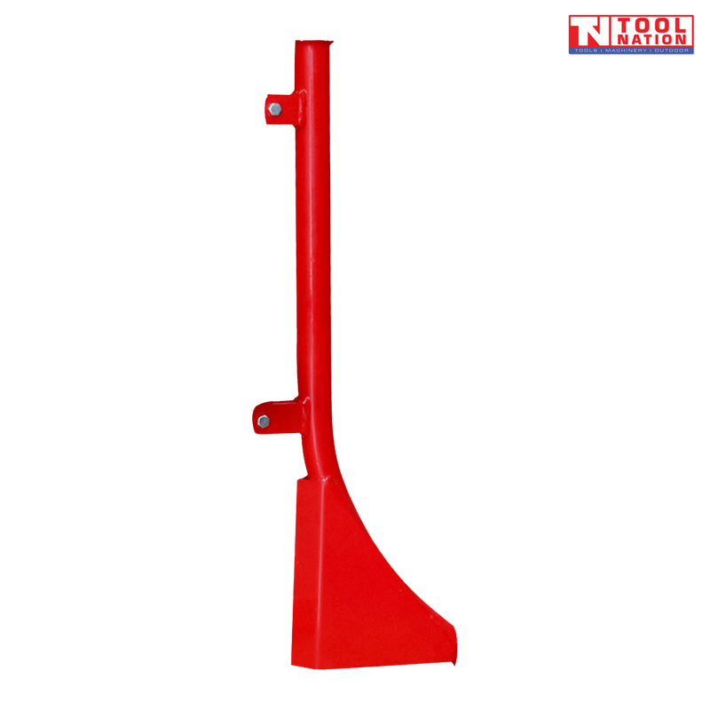Red pipelaying attachment with upright tube, two side mounting tabs, visible bolts, curved lower plate, and a logo in the top right corner.