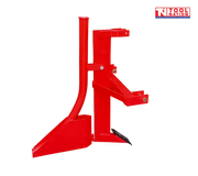 Side view of a red ripper and pipelayer attachment with upright tube, mounting arms, black pointed tooth, bolts, pins, and a logo in the top right corner.