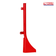 Red metal attachment with two mounting brackets and a curved lower section, shown upright with a logo in the top right corner.