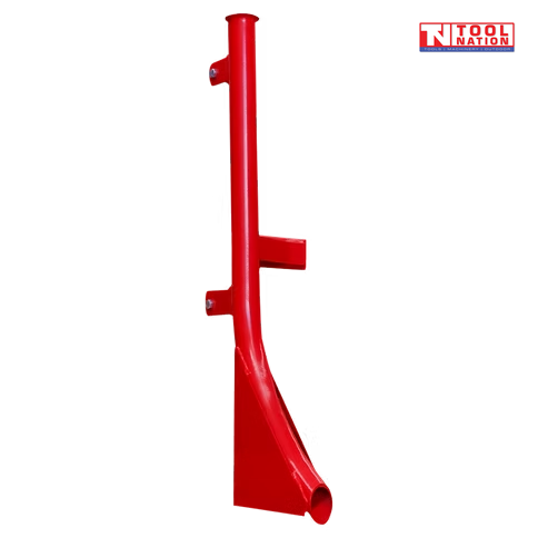 Rear angled view of a red metal attachment with two mounting brackets and a curved tube opening at the base, with a logo in the top right corner.