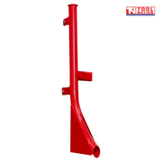 Rear angled view of a red metal attachment with two mounting brackets and a curved tube opening at the base, with a logo in the top right corner.