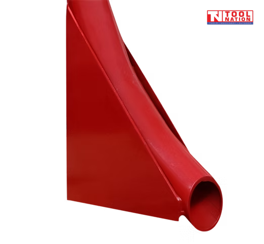 Close-up of the curved lower tube opening on a red metal attachment, with a logo in the top right corner.