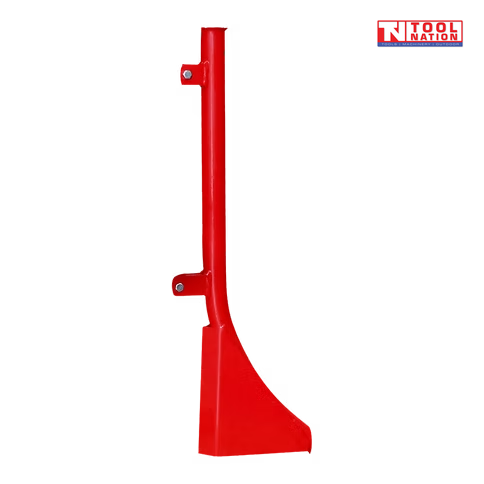 Red pipelaying attachment with upright tube, two side mounting tabs, curved lower section, and logo in the top right corner.