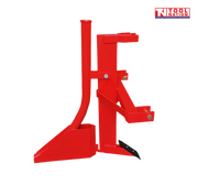 Red ripper and pipelayer attachment with upright tube, mounting arms, black pointed tooth, bolts, pins, and a logo in the top right corner.