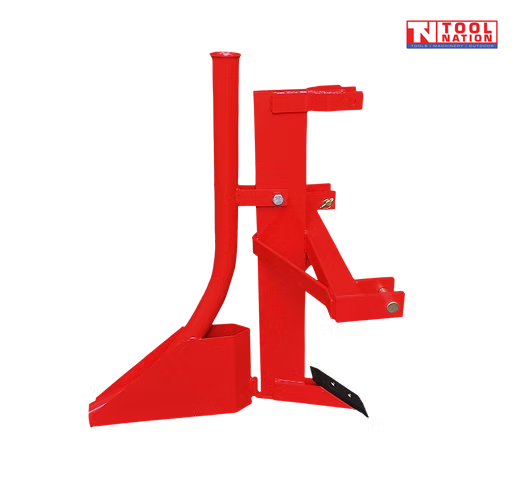 Red ripper and pipelayer attachment with upright tube, mounting arms, black pointed tooth, bolts, pins, and a logo in the top right corner.