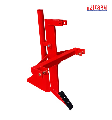 Rear angled view of a red ripper and pipelayer attachment with upright tube, mounting arms, black pointed tooth, bolts, pins, and a logo in the top right corner.