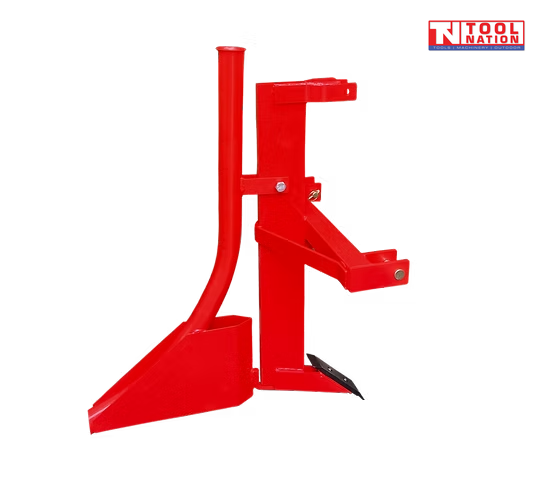 Side view of a red ripper and pipelayer attachment with upright tube, mounting arms, black pointed tooth, bolts, pins, and a logo in the top right corner.