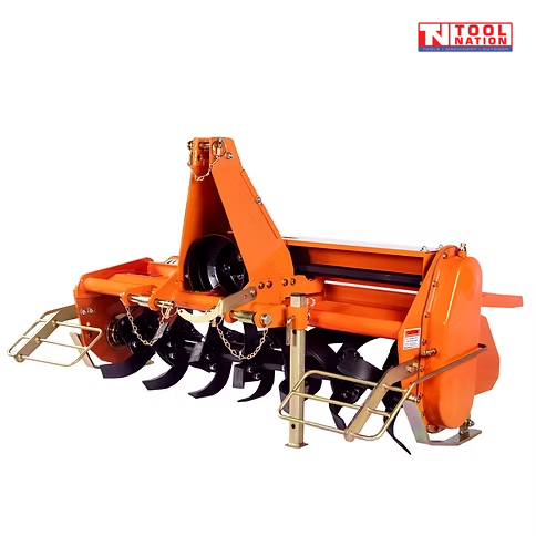 Orange rotary tiller with black curved tines, triangular mounting frame, guard rails, chains, support leg, and a logo in the top right corner.