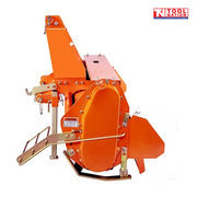 Side view of an orange rotary tiller with rounded side cover, triangular mounting frame, guard rail, bolts, and a logo in the top right corner.