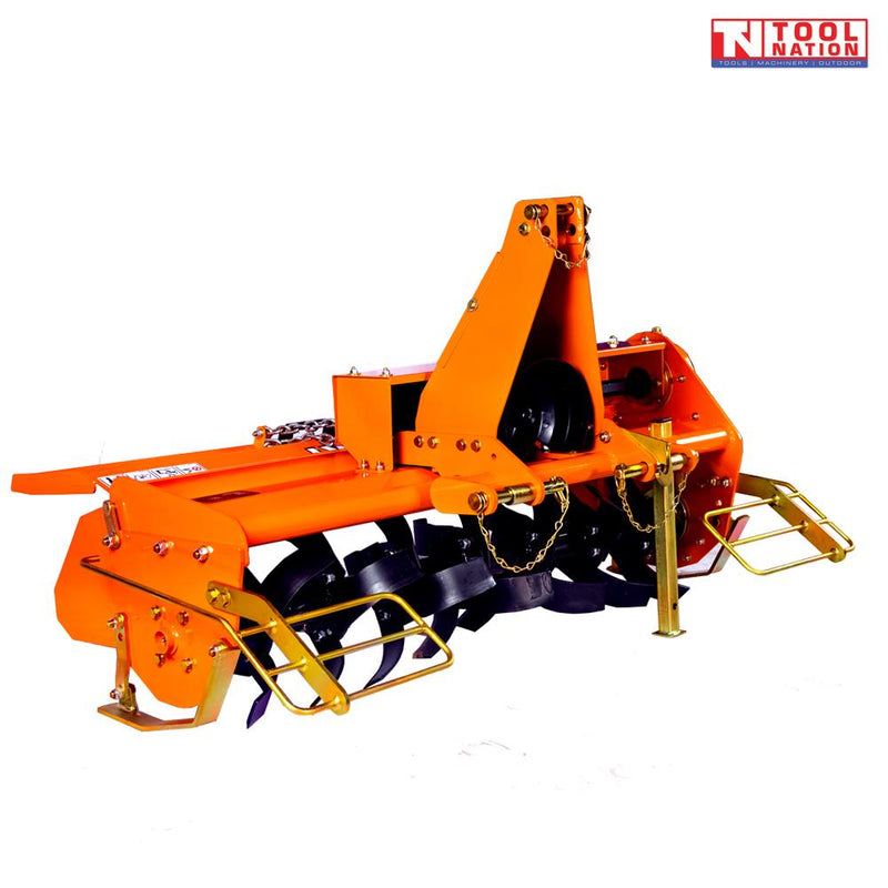 Orange rotary tiller with black curved tines, triangular mounting frame, guard rails, chains, support leg, and a logo in the top right corner.