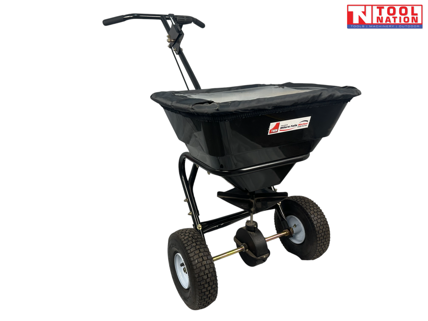 Black walk-behind spreader shown from the front side with a covered hopper, long handle, two treaded tyres and Tool Nation logo.