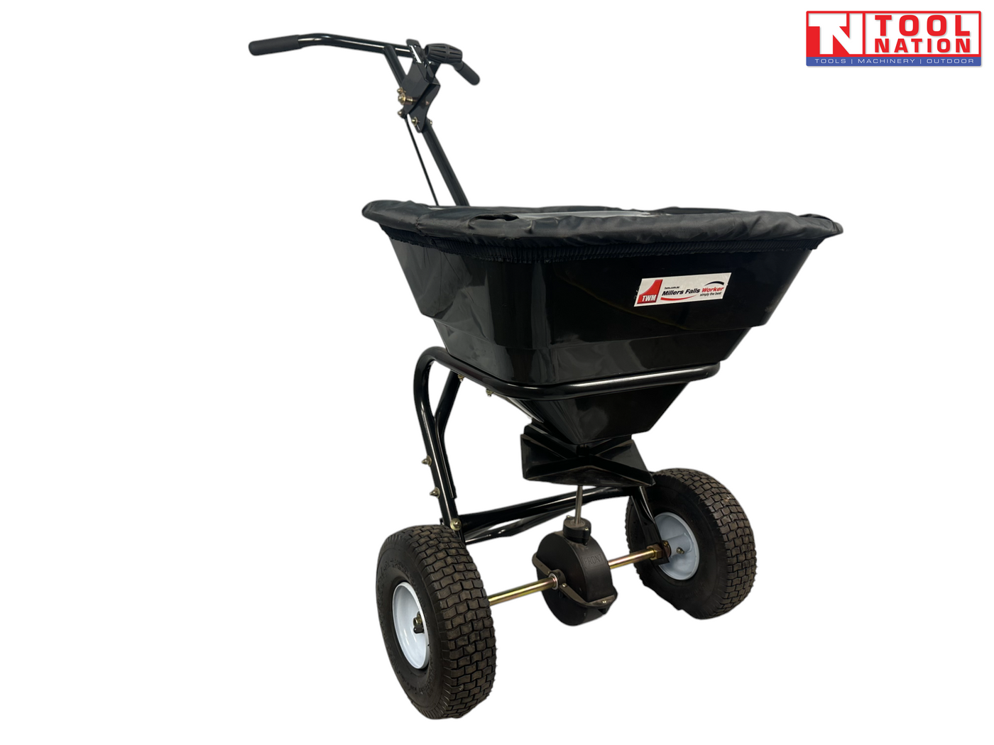 Black walk-behind spreader shown from the front side with a covered hopper, long handle, two treaded tyres and Tool Nation logo.