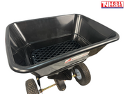 Close-up of a black spreader hopper showing an internal mesh screen, hopper rim, two tyres and Tool Nation logo.