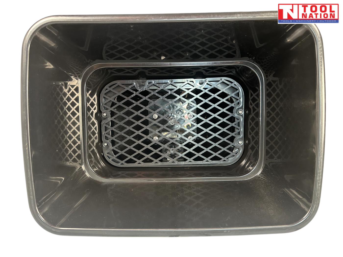 Close-up of a black spreader hopper showing an internal mesh screen, hopper rim, two tyres and Tool Nation logo.