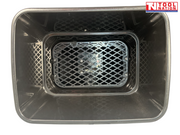 Close-up of a black spreader hopper showing an internal mesh screen, hopper rim, two tyres and Tool Nation logo.