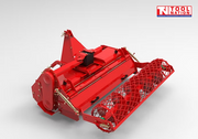 Red stone burier attachment with rear mesh roller, triangular mounting frame, side cover, linkage rods, bolts, and a logo in the top right corner.