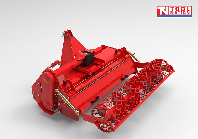 Red stone burier attachment with rear mesh roller, triangular mounting frame, side cover, linkage rods, bolts, and a logo in the top right corner.