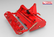 Rear angled view of a red stone burier attachment with rear mesh roller, triangular mounting frame, side cover, linkage rods, bolts, and a logo in the top right corner.
