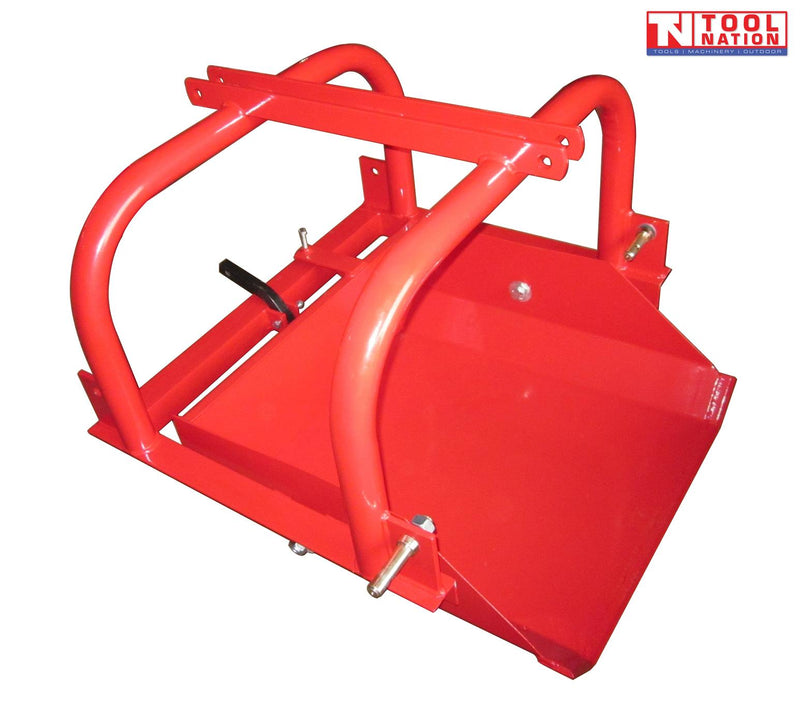 Red scoop bucket attachment with curved frame bars, mounting pins, latch handle, and a logo in the top right corner.