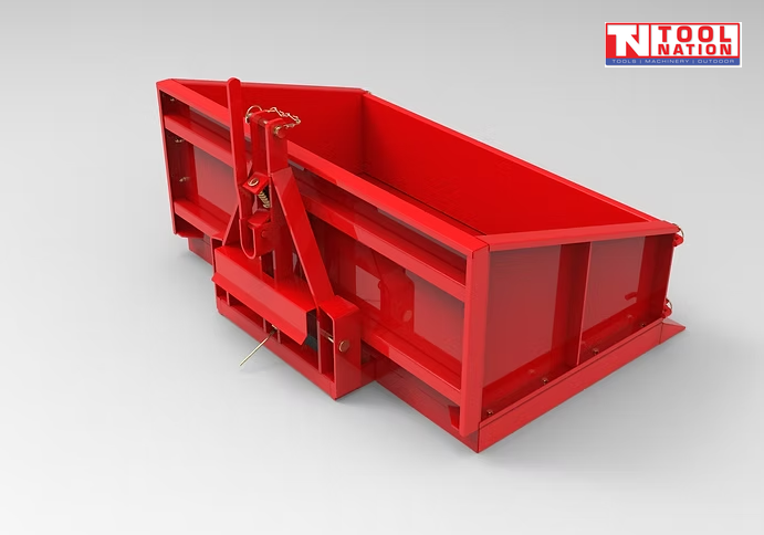 Red carry-all box viewed from the rear, showing raised sides, rear mounting frame, pins, and a logo in the top right corner.