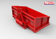 Red carry-all box viewed from the rear, showing raised sides, rear mounting frame, pins, and a logo in the top right corner.