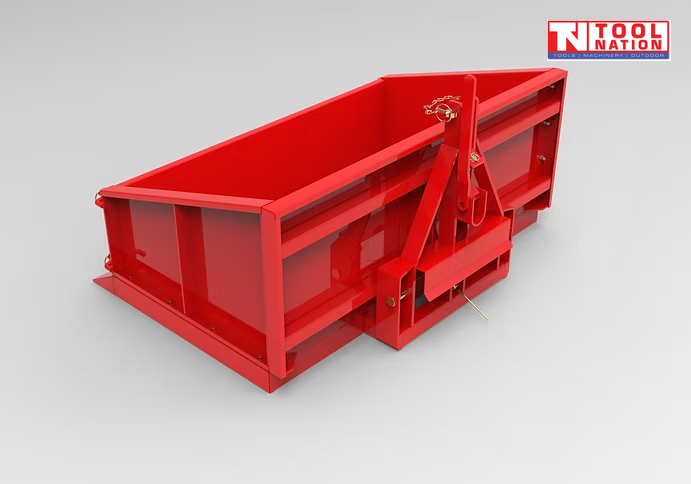 Red carry-all box viewed from the rear, showing raised sides, rear mounting frame, pins, and a logo in the top right corner.
