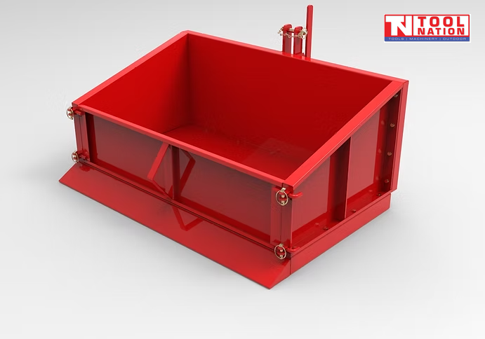 Red carry-all box with an open top, raised sides, front panel, and mounting hardware, with a logo in the top right corner.