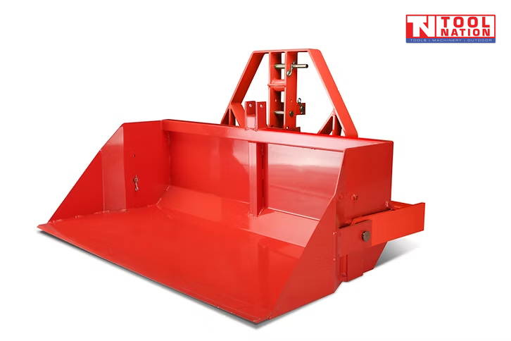 Red rear-mounted bucket attachment with open scoop, raised side panels, triangular mounting frame, pins, and a logo in the top right corner.