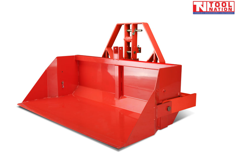 Red rear-mounted tractor bucket attachment with open scoop, triangular linkage frame, side panels, and a Tool Nation logo in the top right corner.