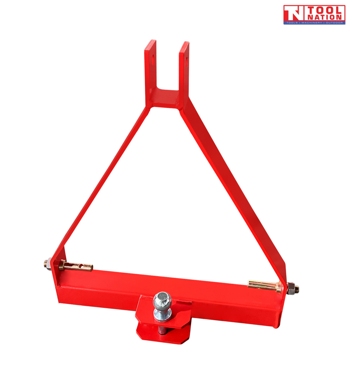 Red tow hitch attachment with triangular frame, tow ball, mounting pins, and a logo in the top right corner.