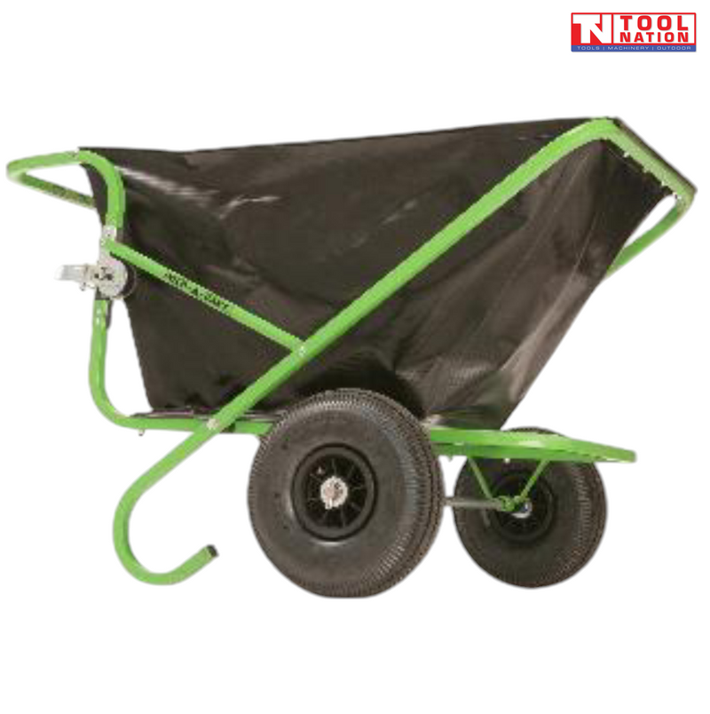 Green and black folding wagon shown from the side with fabric tub, pull handle, four tyres and Tool Nation logo.